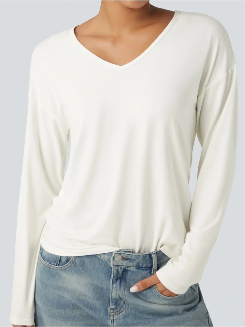 Halara V-Neck Long Sleeve Casual Top White Small NWT Soft Stretch Basic - Picture 5 of 7